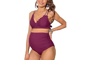 Charmo High Waisted Maternity Swimsuit Bikini Set V Neck Pregnancy Bathing Suits Push Up Two Piece Swimwear
