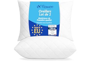 FLOWEN Oreiller 40x70 Lot de 2 pour Le Lit Coussins pour Dormir et Décoratifs Antiallergiques Anti-Acariens et Rafraichissant Rectangulaire Taie d'oreiller Blanc en Coton et Polyest. Amovible et Lavable