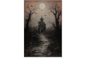 WBSTGUE Dark Academia Wandkunst, Gothic-Halloween-Poster, Vintage-Spukhaus, Leinwanddrucke, Gothic, gruseliges Gemälde, dunkle, rustikale Wanddekoration, 40,6 x 61 cm, ungerahmt