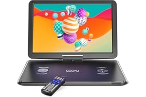 COOAU 17.5'' Portable DVD Player with 15.6" Large Swivel Screen, 6 Hrs Long Lasting Built-in Battery, Region Free, Stereo Sound, with Remote Controller, SD+USB+AVin+AVout+Earphone Port, Black