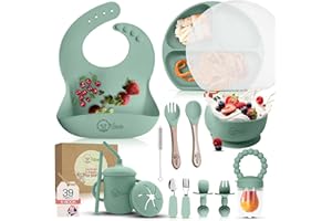O'doe 17-Piece Baby Led Weaning Feeding Supplies for Toddlers,Baby Feeding Set | Suction Silicone Baby Bowl Self Eating Utensils with Fruit Feeder, Cup, Bibs, Food Plate Kit with Lid | Green V2