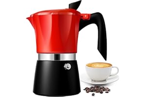 TWOMEOW Stovetop Coffee Maker Espresso Italian Moka Pot with Transparent Top Lid, 300ml-6 Espresso Cups, Classic Aluminium Coffee Percolator, Red/Black