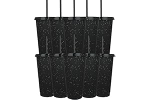 Yisituo 710ml Plastikbecher mit Deckel und Strohhalm,10er Pack für Erwachsene und Kinder Wiederverwendbare smoothie becher, perfekt für Partys, Strand und Poolpartys (10, Schwarz)