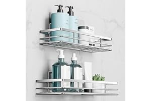 saffruff Shower Caddy No Drilling Organiser - Bathroom Caddy Shower Storage Bathroom Shelf Rack Silver 2Pack Bathroom Accessory Shower Holder with Adhesive 11.8 x 4.3in