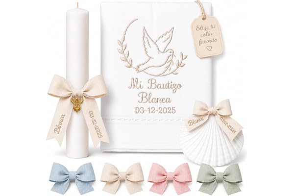 Kit de Bautizo Personalizado | Vela Artesanal con Lazo, Pañuelo Bordado y Concha Bautismal | Pack Premium con Vela Bautismo,Toalla de Bautismo Bordada, Concha Marina