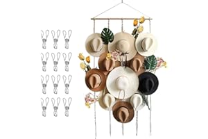 GOTRAIN Estante para sombreros para pared, organizador de sombreros con 15 clips, colgador de sombreros de almacenamiento de sombreros, soporte decorativo para sombreros de vaquero Fedora, exhibición de