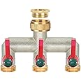 iBamso Brass Garden Hose Splitter, 1/2 inch and 3/4 inch Tap Splitter, 3 Way Tap Connector with On/Off Valves and Extended Handle, Tap Adapter Garden Hose Connector for Garden Outdoor Home