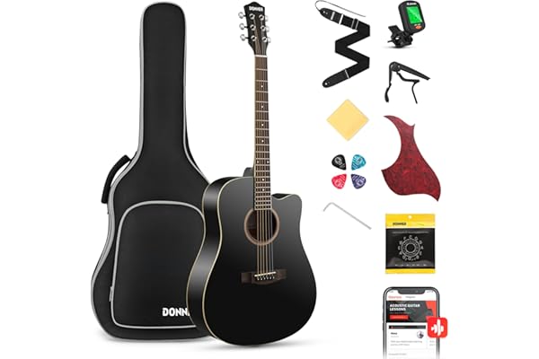 Donner Guitare Acoustique 4/4 Guitare Folk 41 Pouces pour Adultes Débutant Guitare Cutaway Kit avec Accordeur Corde Sac (Noir)
