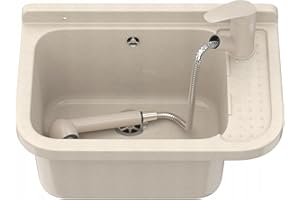 Granitan Ausgussbecken für Garage Keller Werkstatt und Waschküche - Universal Waschtrog mit Siphon - Waschbecken Wandmontage - 50x34x31 cm (Beige + ausziehbare Waschtischarmatur)