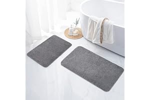 ‎HOMAXY Homaxy Bathroom Rug Set 2-Piece Bath Mat Non-Slip Washable Soft High Pile Bath Rug Fluffy Microfibre Bath Mat Set - 41 x 61 cm + 51 x 76 cm, Grey