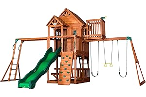Backyard Discovery Skyfort II Playcentre, FSC certified Cedar Wood, Raised Clubhouse, Windows, Super Speedy Slide & Belt Swings Plus Trapeze Bar