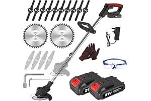 21V Cordless Strimmer, Telescopic Lightweight Grass Trimmer with 6xMetal Blades & 10xPlastic Blades, 2 x 2000mAh Battery, Ele