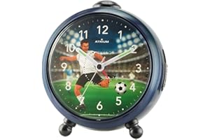 ATRIUM Kinderwecker Jungen Scorer Fußballer Stadion Dunkelblau Grün Schwarz Analog Quarz ohne Ticken mit Licht und Snooze A932-5