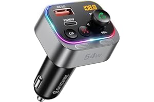 Syncwire Trasmettitore FM Bluetooth 5.4 54W PD&QC3.0 Caricatore per Auto USB C [Microfoni Doppi & Suono dei Bassi HiFi] [Ricarica Veloce] [Interruttore Luminoso] Ricevitore Radio Chiamate in Vivavoce