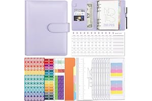 Ambolio planer budżetowy w formacie A6, segregator z koszulkami, 90 sztukz arkuszami budżetowymi, wkładami do segregatora, planer tygodniowy, papier do pisania, etykiety z kategoriami, fioletowy