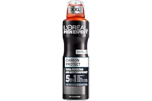 ‎L'ORÉAL MEN EXPERT L'Oréal Men Expert XXL 5in1 Deospray für Männer, Bodyspray gegen starken Schweißgeruch, Schwitzen, Achselnässe und weiße Rückstände, Herren Deo Antitranspirant ohne Alkohol, Carbon Protect, 1 x 250 ml