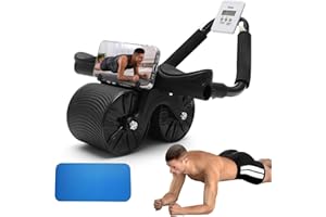 LUPATDY Appareil d'entraînement abdominal à rebond automatique - Pour la maison - 4 roulettes - Appareil pour abdominaux - Avec tapis de genoux et support de téléphone