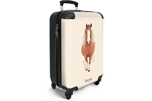 NoBoringSuitcases.com® Handgepäck Koffer Kinder 55x35x20 cm Reisekoffer Kinderkoffer mit 4 Rollen Leicht Cabin Trolley Hartschalenkoffer Flugzeug Pferd - Braun - Beige