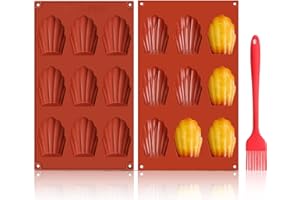 GlasFlength Madeleine silikonowa foremka do ciastek, zestaw 2 sztuk, 9 wgłębień, nieprzywierająca forma z silikonową szczotką do ciasteczek czekoladowych, do budyń do ciast (czerwona cegla)