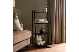 OHS Black Ladder Shelving Unit 4 Tier, Storage Standing Shelves Industrial Bookcase Wide Living Rooms Bathrooms Bedrooms Home Wood Ladder Shelves with Metal Frame - 90 x 43 x 30cm