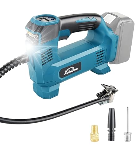 MaxAwe Makita 18 V Battery Compressor Electric Wireless Air Pump with Car Cable and 3 Nozzles, Portable Tire Pump with LED Light, for Cars, Motorcycles, Bikes, Balls (without Battery MaxAwe Makita 18 V Battery Compressor Electric Wireless Air Pump with Car Cable and 3 Nozzles, Portable Tire Pump with LED Light, for Cars, Motorcycles, Bikes, Balls (without Battery