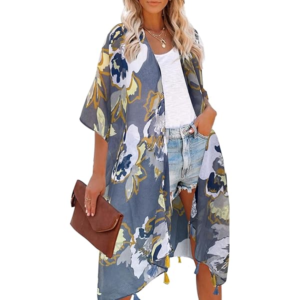 Robe,Kimono En Mousseline De Soie Pour Femmes, Cache Maillot Floral, Cardigan De Plage, Blouse
