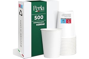 PERLA ITALIA Perla - 500 Bicchieri in Carta da 200ml Ecologici Biodegradabili Monouso - Adatto per Bevande Fredde e Calde - Prodotto e confezionato in Italia - Made in Italy (Bianco)
