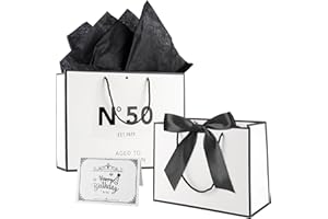 Tookala White Paper Gift Bag 50th Birthday, Gift Bag with Silk Ribbon, 33 x 25 x 11 cm Size Gift Bag with Card & Pearl Gauze, Happy 50th Birthday Gift Bag, Gift Bag Woman Man
