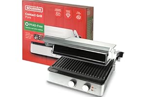 Bourgini Parrilla Electrica 2000W, Revestimiento Cerámico Antiadherente, Fácil de Limpiar, Apertura 180º, Superficie 29x23 cm, Temperatura Ajustable, Libre de PFAS para una Cocina Saludable.