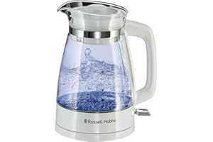 Russell Hobbs Carafe Style 1.7L Cordless Electric Glass Kettle with white handle, lid & base and blue internal illumination (Fast boil, 3KW, Anti-scale filter, Pull off lid, unique glass spout) 26081