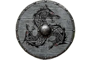 EXNOT Bouclier Viking Médiéval Fenrir Loup Gris Authentique Bettleworn, Guerrier Fait à la Main Entièrement Fonctionnel Pour le Combat - 61 cm de Diamètre