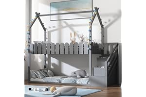 ZYLOYAL10 Łóżko domowe z 3 schodami, z 2 szufladami, z ogrodzeniem, łóżko piętrowe, łóżko dziecięce, bez materaca (szare)