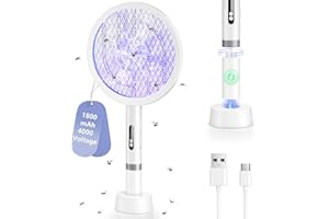 BKXCHA 2 w 1 Elektryczna Packa na Muchy, 4000 V Ekstra Mocna Elektryczny Swatter, 1800mah USB-C Ladowalny Przenośny Zabijacz Komarów, Fly Swatter z 3 Warstwową Siatką Bezpieczeństwa, Dwa Tryby, Biały