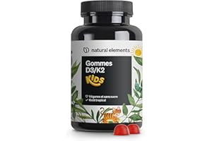 NATURAL ELEMENTS Gommes KIDS aux vitamine D3 et K2 – 120 Gummies – goût tropical – végane, sans sucre, dosage adapté aux enfants – produit et contrôlé en laboratoire en Allemagne