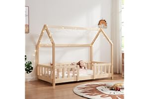 [en.casa] Letto Casetta per Cameretta Letto Singolo per Bambini con Barriere di Protezione Struttura in Legno di Pino con Zona di Riposo 80x160 cm Naturale
