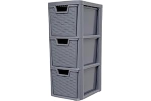 Khanary 3 Plastic Storage Drawer Rattan Style Medium Drawer Multipurpose 3 Tier for Home Office Kitchen Bath Bedroom Garage Study Stationery Toys Books Magazines (H)48 (D)25 (W)19cm Grey
