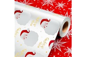 Wikadlik Reversible Christmas Wrapping Paper - Cute Laughing Santa Claus Red Snowflake Design Silver Gift Wrap Paper - 43cm x 10m