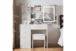 TOPHEHAN Dressing Table with LED Lights, Vanity Table with Adjustable Brightness Mirror, Makeup Desk with Drawers and Open shelves for Bedroom,Modern (H1907LED)