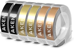 6X Aken Compatibile con Dymo Etichette a rilievo 9mm per Dymo Etichettatrice a rilievo per Dymo Junior/per Dymo Omega E101 E303, Embossing Nastro per Dymo Bianca su nero/oro/oro champagne
