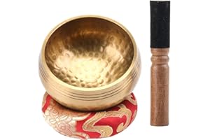 EKKONG Original Tibetische Klangschale, Handgefertigte Klangschale, Klangschalen Set mit Lederklöppel und Klangschalenkissen, Singing Bowl für Yoga, Gebete hersagen, Massage, Heilung, Behandlung, Deko