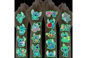 SUNYOVIME 12 Feuilles Stitch Tatouage Ephemere Enfant,Tatouage Enfant Fluorescent,Faux Tatouage Enfant Lumineux pour Garçon Fille,Cadeau Anniversaire Enfants Invites décoration de fête Petit Cadeau Pinata