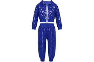 Agoky Conjunto de Danza Jazz Hiphop para Niñas con Lentejuelas Brillante Chaqueta Cremallera y Pantalones Brillante de Baile Moderno Disfraz de Baile
