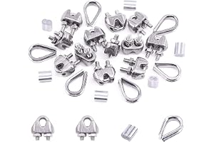 KASTWAVE Wire Rope Accessory Set, 24pcs 304 Stainless Steel Cable Clamp Silver M2 Wire Rope Cable Clip Clamp, M2 Steel Thimble, 2mm Aluminum Crimping Loop, for 1/8 inch Wire Rope Cable