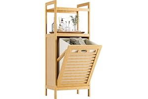 HITNET Tilt Out Laundry Hamper, Bamboo Laundry Basket with Foldable Bag and 2 Open Shelves, Freestanding Clothes Storage organizer for Bedroom, Bathroom, Living Room, Natural