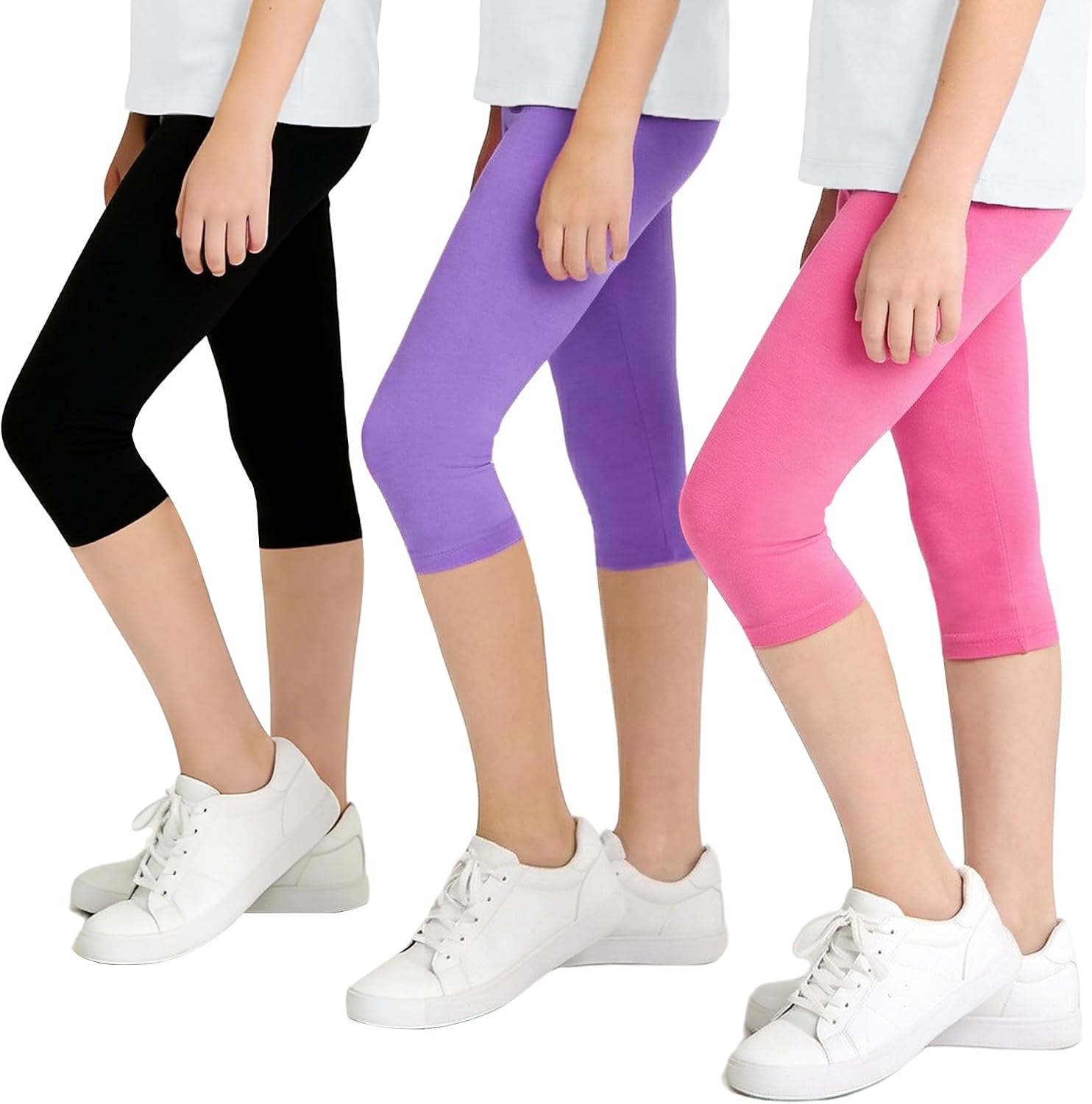 JinBei Leggings Niña Mallas 3/4 Pantalones Algodón Cortos Capri Pantalón Verano Transpirable Cintura Elástica Ciclismo Danza Deportivos Unicolor Infantiles Legging Pack de 3 para 6-13 años