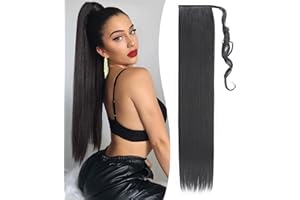 Benehair Ponytail Extension 32 Inches Long Wrap Around Ponytail Hair Extension Straight Synthetic Braid Extensions Clip in Hairpiece for Women Off Black