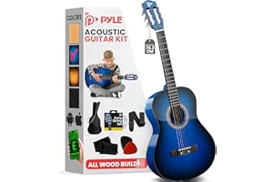 Pyle Beginner Acoustic Guitar, Junior Size 99 cm, All Wood Build Nylon String with Capo Strap, Extra String Set, and Gig Bag Acoustic, For Kids Adults Youth Classical Kit Blue Burst, Gloss