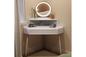 WOLTU Dressing Table with Mirror, Corner Vanity Desk, Bedroom Dressing Table with 2 Drawers 1 Closed Compartment, White Mirrored Desk, Dimmable Makeup Mirror, MB6119ws-UK
