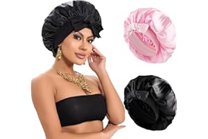 Loomify 2 Stück Schlafhaube für Damen, Seidenhaube zum Schlafen Verstellbare Satin Bonnet, Seide Haarhaube Nacht Schlafmütze, Silk Bonnet für Nacht Schlaf (Schwarz,Rosa)