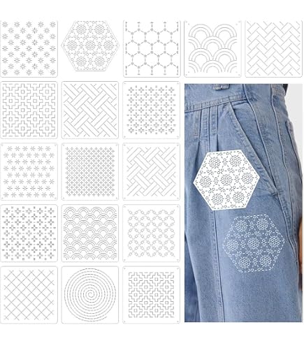WADORN Kit Broderie Sashiko Japonais Complet Pour Débutants – 45 Pièces : Tissu Denim, Fils, Pochoirs Hydrosolubles, Aiguilles, Dé à Coudre
